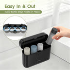 Travel Bottles TSA 4x2oz With Case Leak-Proof Black | Durable ABS hard case, press-to-unlock, 4 individual compartments, wide-mouth bottles for easy fill, leak-proof seals