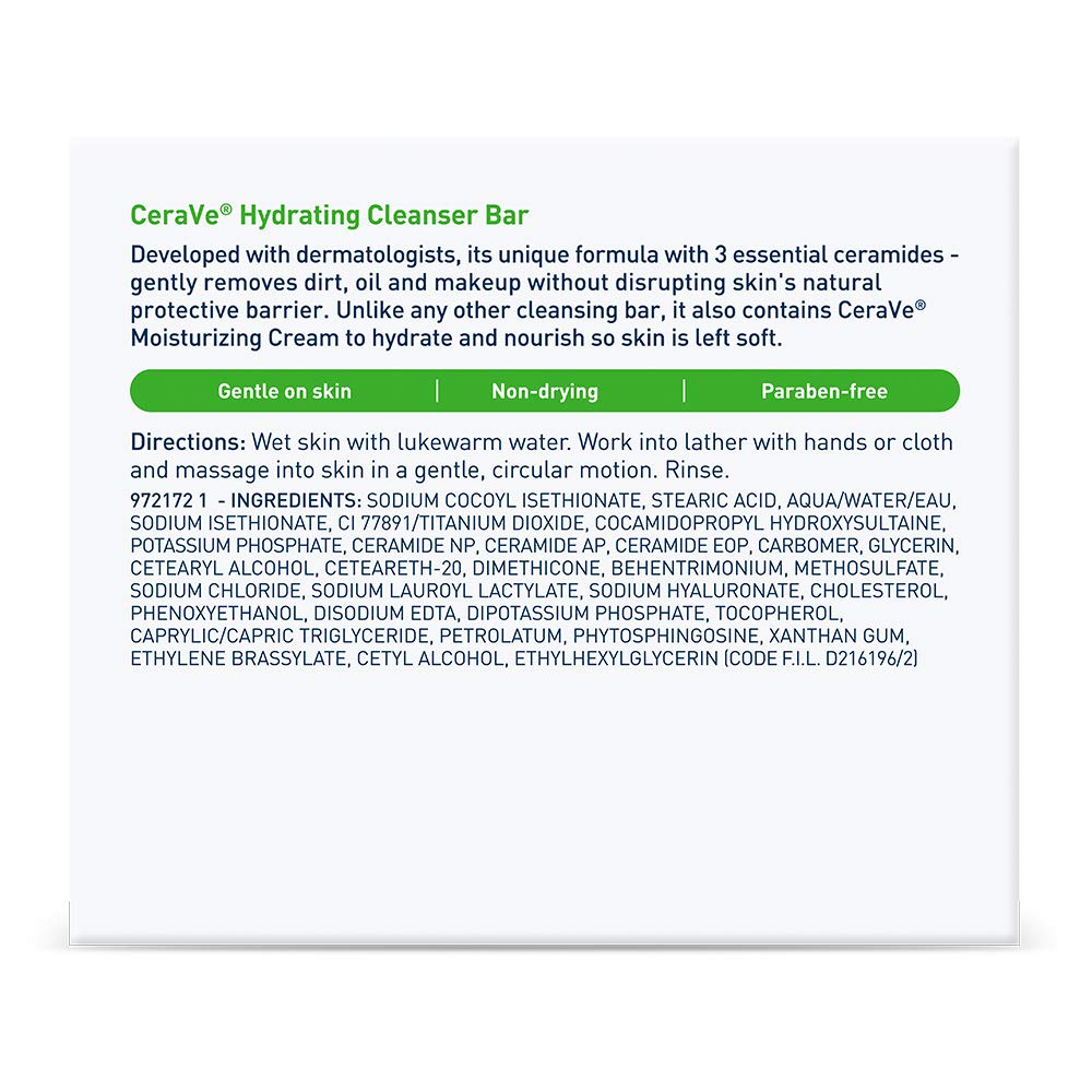 CeraVe Hydrating Cleanser Bar, Soap-Free Face & Body Cleanser, 2-Pack | Soap-Free Body Wash and Facial Cleanser with Ceramides Thoroughly Cleanses without Stripping Skin Of Natural Moisture