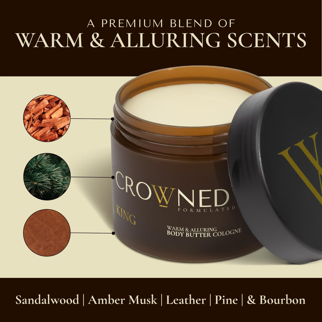 Crowned Skin King Cologned Body Butter for Men | Warm & Sensual | As Seen On Shark Tank | Scented with Sandalwood & Leather | Infused with Organic Shea & Mango Butters | All-Day Fragrance | 4.4oz