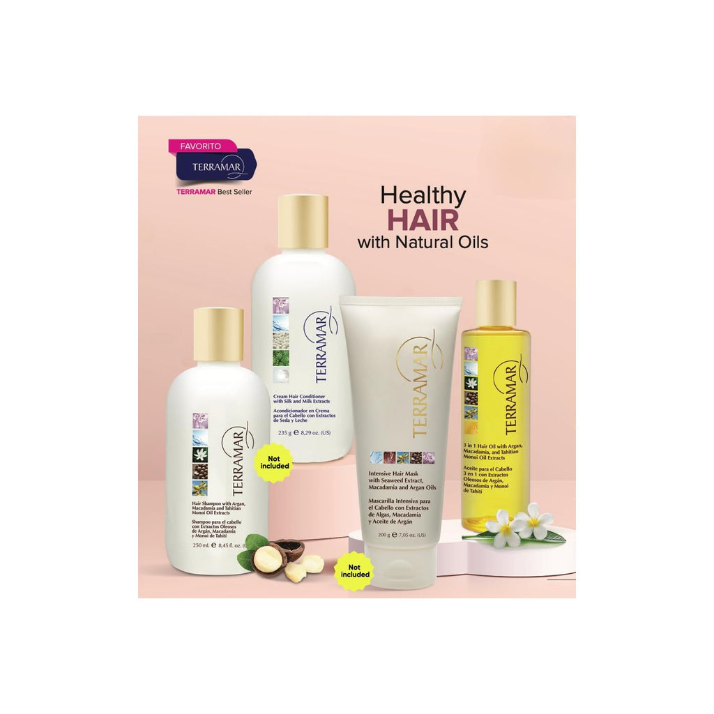Terramar 3 in 1 Hair Oil (98ml / 3.31 fl Oz) - with Argan, Macadamia, Monoi - Nourishes, Smooths Frizz, Adds Shine, Lightweight for All Hair