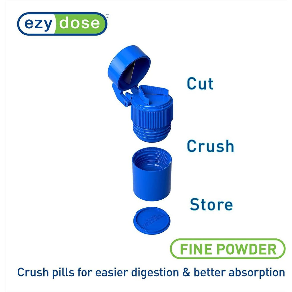 Buy now EZY DOSE 3 Compartment Pill Crusher, Cutter and Grinder, Daily Usage, Safely Cut Pills, Vitamins, Tablets, Accurate and Easy Cutting, Stainless Steel Blade, Removable Drinking Cup, Blue, BPA Free at indiglob india