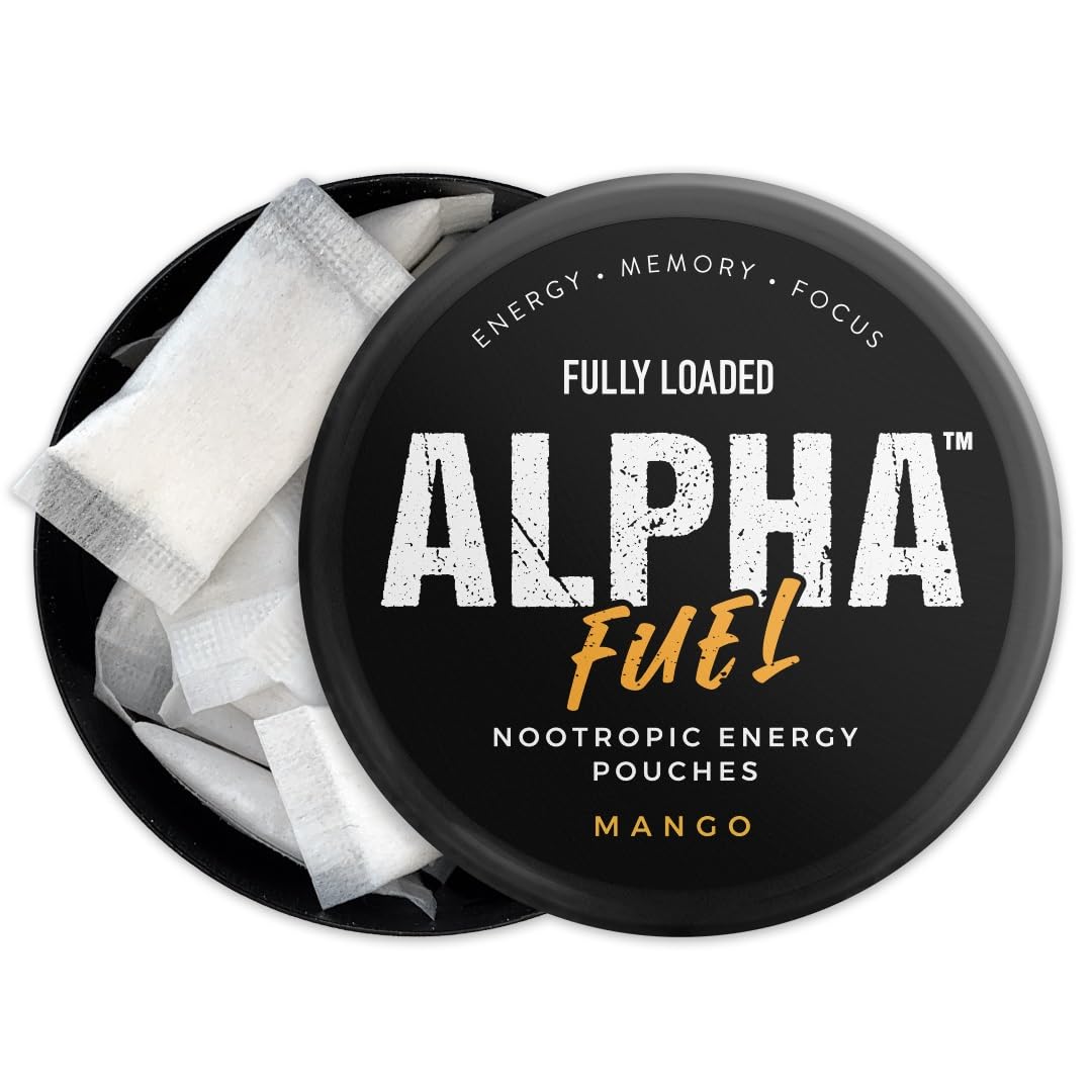 Fully Loaded Alpha Fuel Nootropic Pouches (Mango Fuel) - 5 cans, 15 Pouches per can - Energy Pouches containing Caffeine and nootropic Blend