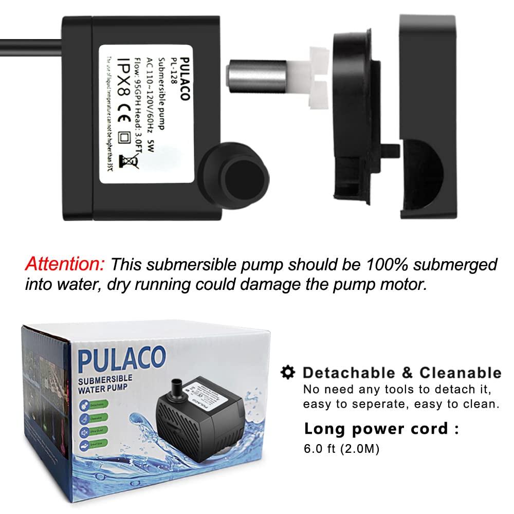 PULACO 50GPH 2Pcs Mini Fountain Pump with 3.3 ft Tubing