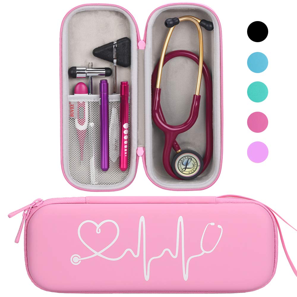 Buy now BOVKE Stethoscope Case for 3M Littmann Classic III, Lightweight II S.E, MDF Acoustica Deluxe Stethoscopes - Extra Room for Medical Bandage Scissors EMT Trauma Shear and LED Penlights, Black Pu Leather_Pearl Pink at indiglob india