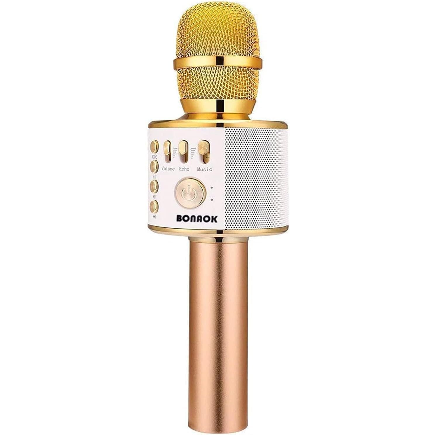 Buy now BONAOK Wireless Bluetooth Karaoke Microphone, 3-in-1 Portable Handheld Mic Speaker Machine for All Smartphones, Gifts to Girls Boys Kids Adults All Age Q37(Black Gold) gold at indiglob india