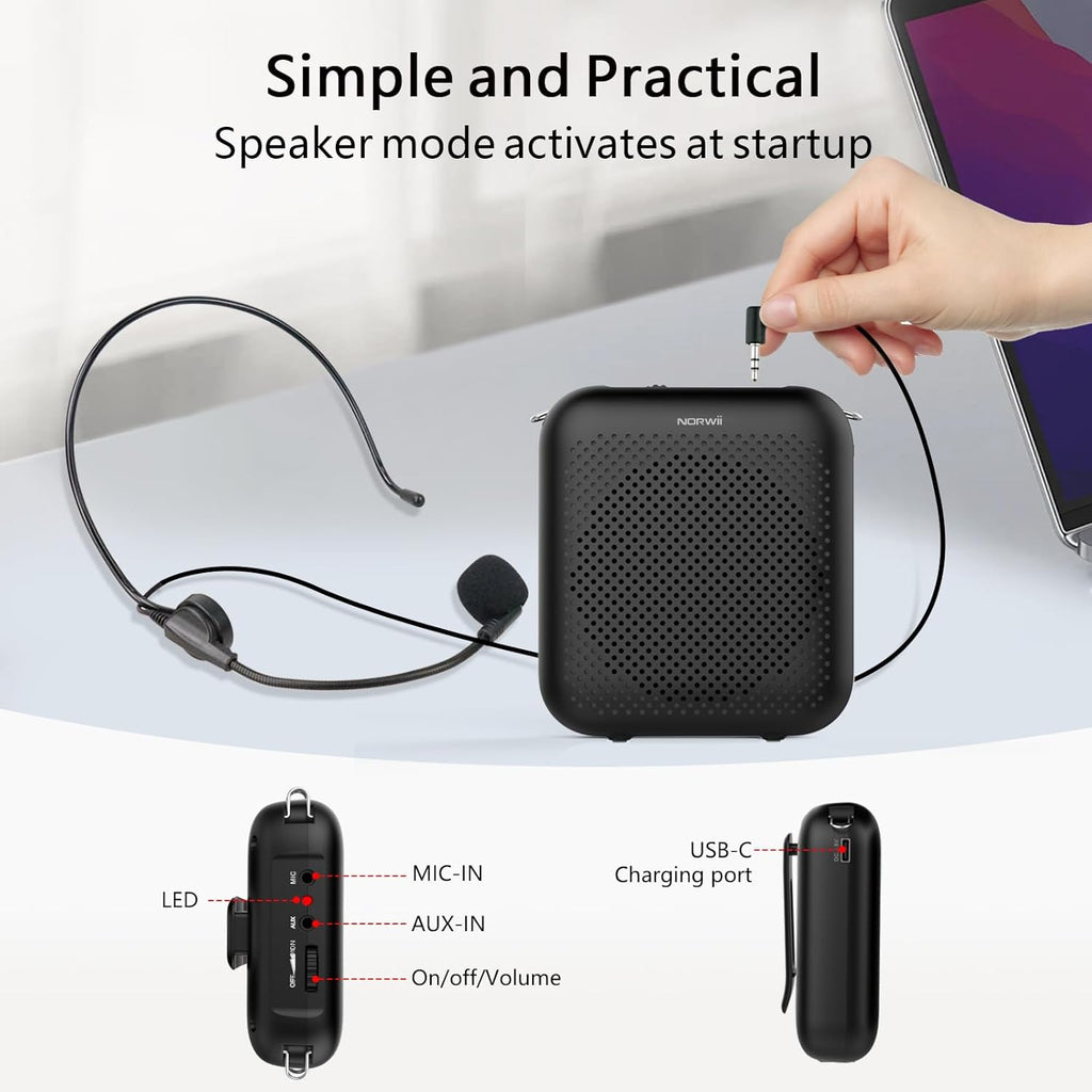 Buy now Norwii Bluetooth Voice Amplifier, Power Amplifiers, Portable Mini Wired Microphone Headset for Teacher Classroom & Outdoor Lectures, Teaching, Tour Guides, USB-C Rechargeable - 2000mAh, Black at indiglob india