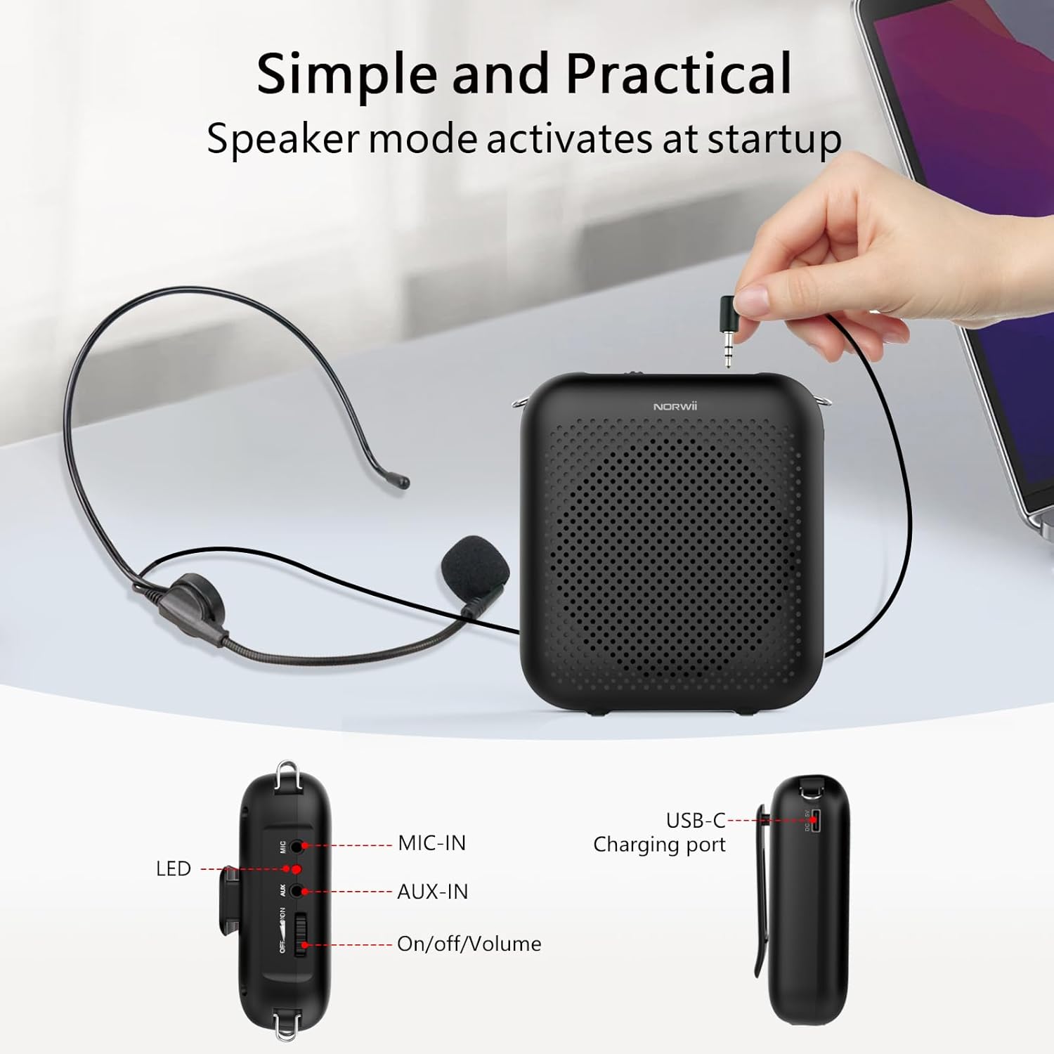 Buy now Norwii Bluetooth Voice Amplifier, Power Amplifiers, Portable Mini Wired Microphone Headset for Teacher Classroom & Outdoor Lectures, Teaching, Tour Guides, USB-C Rechargeable - 2000mAh, Black at indiglob india