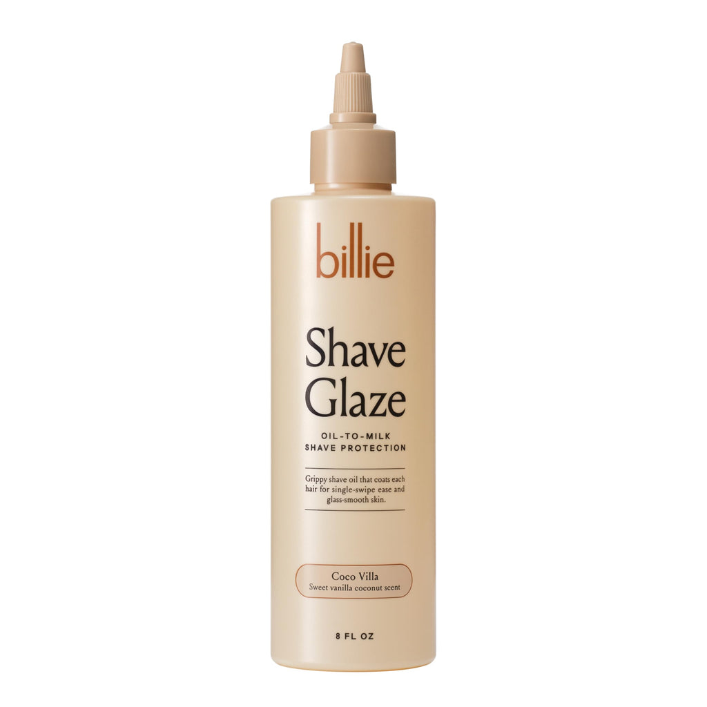 Billie Shave Glaze Shave Oil, Coco Villa, 8 oz | Grippy oil-to-milk formula, Mess-free drizzle application, Prevents shaving irritation and bumps, Sweet vanilla coconut scent