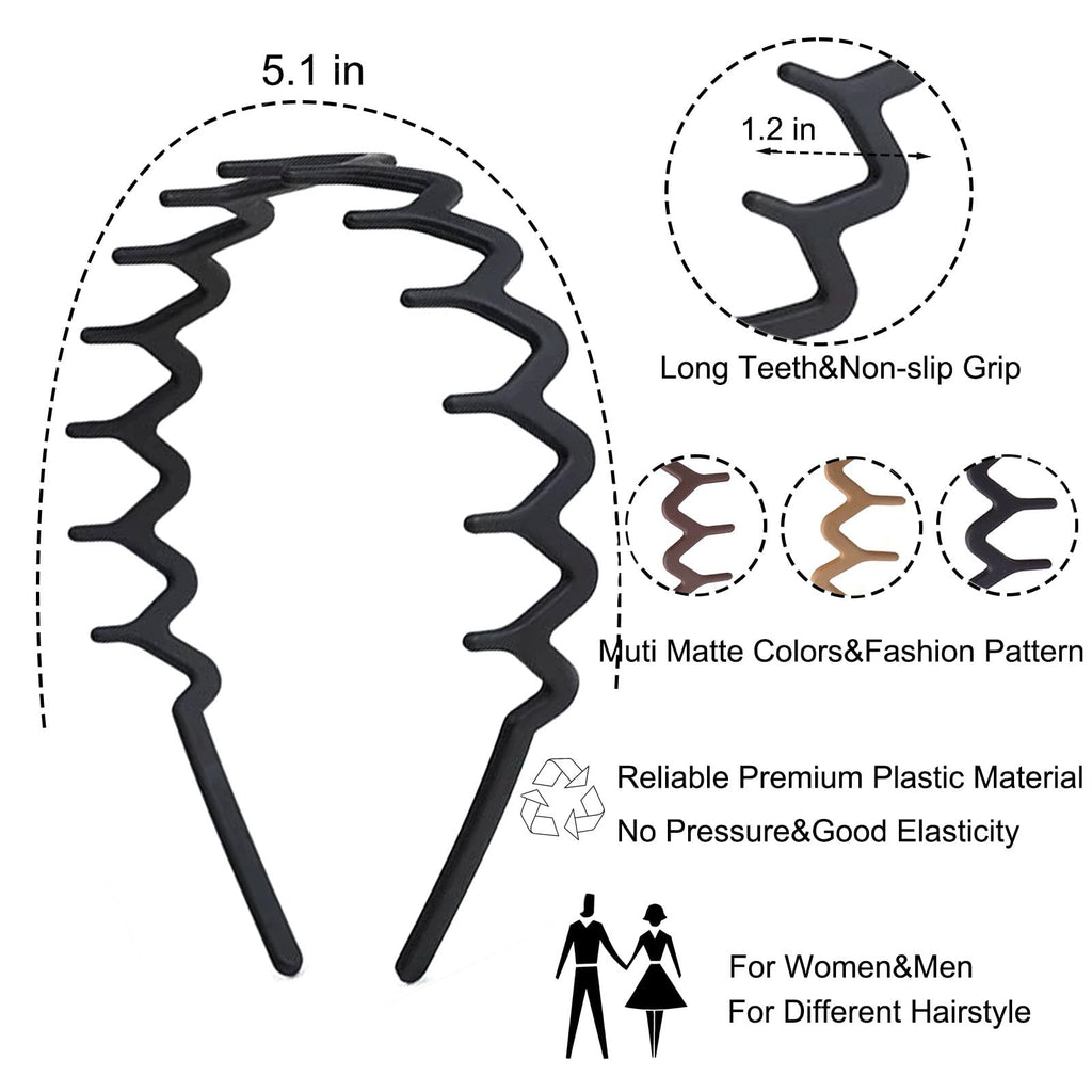 6 PCS Zig Zag Headbands Plastic Wavy Hair Head Band Comb with Teeth Hoop Accessories for Women Men Girls, Matte Morandi