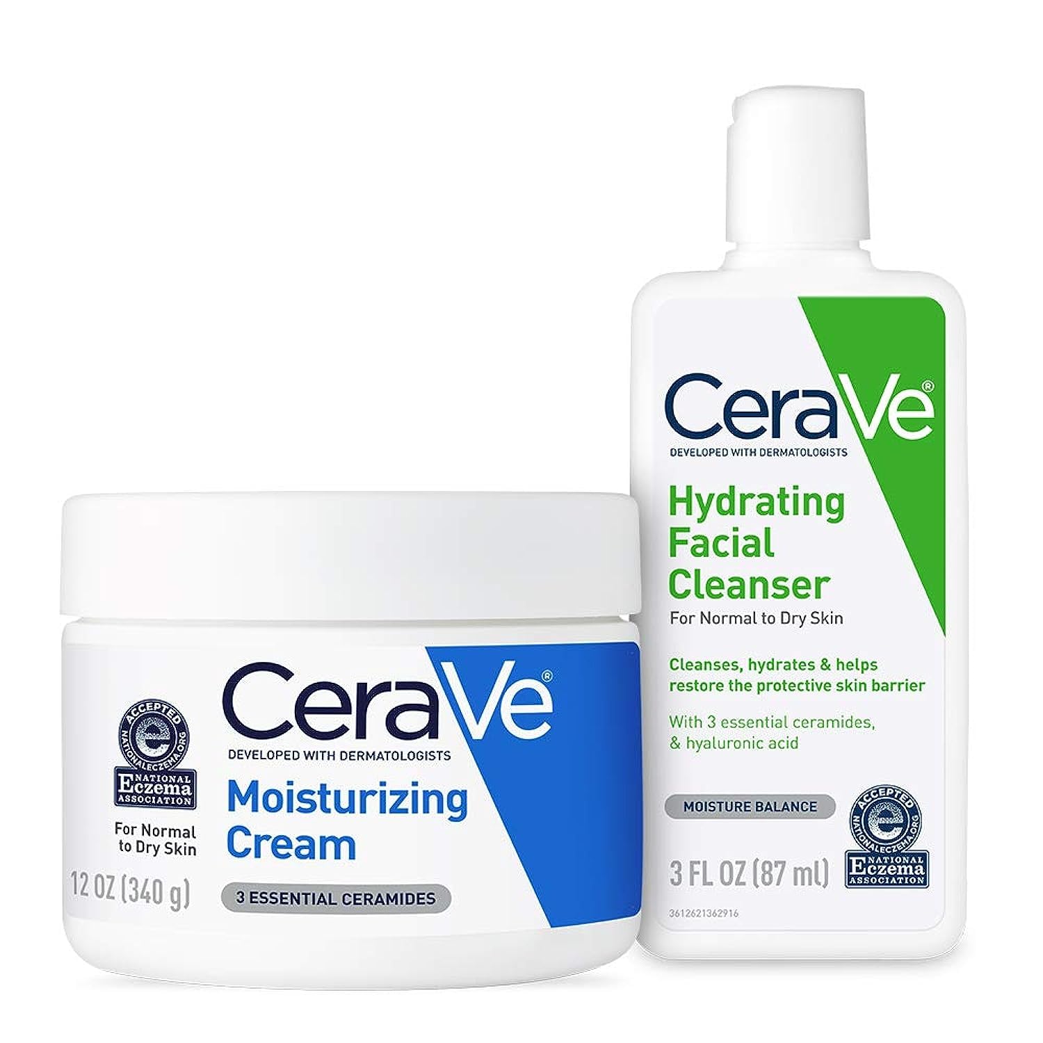 CeraVe Moisturizing Cream & Hydrating Facial Cleanser Set for Dry Skin | Travel Essentials Combo Pack with 1oz Cleanser and 16oz Cream with Pump For Dry Skin Relief