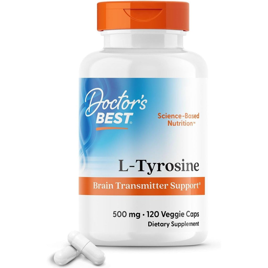 Buy now Doctors Best L-Tyrosine, 500 mg, Brain Transmitter Support, Non-GMO, Gluten Free 120 Veggie Caps at indiglob india