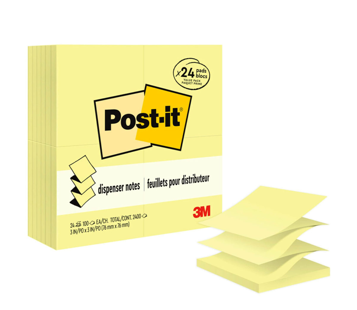 Post-it pop-up Notes, 3 x 3 in, Canary Yellow, 24 Pads, 100 Sheets/pad