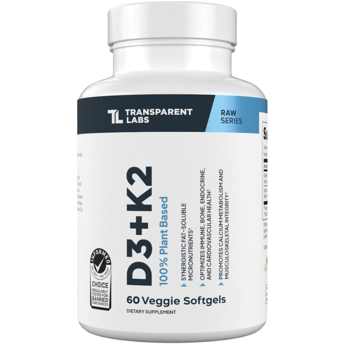 Transparent Labs Vitamin D3 K2 - Vitamin D & K2 Vitamin Supplement for Men & Women, Vegan-Friendly D3K2 5000 IU Supplements to Support Bone, Immune, and Overall Health - K2 D3 60 Capsules