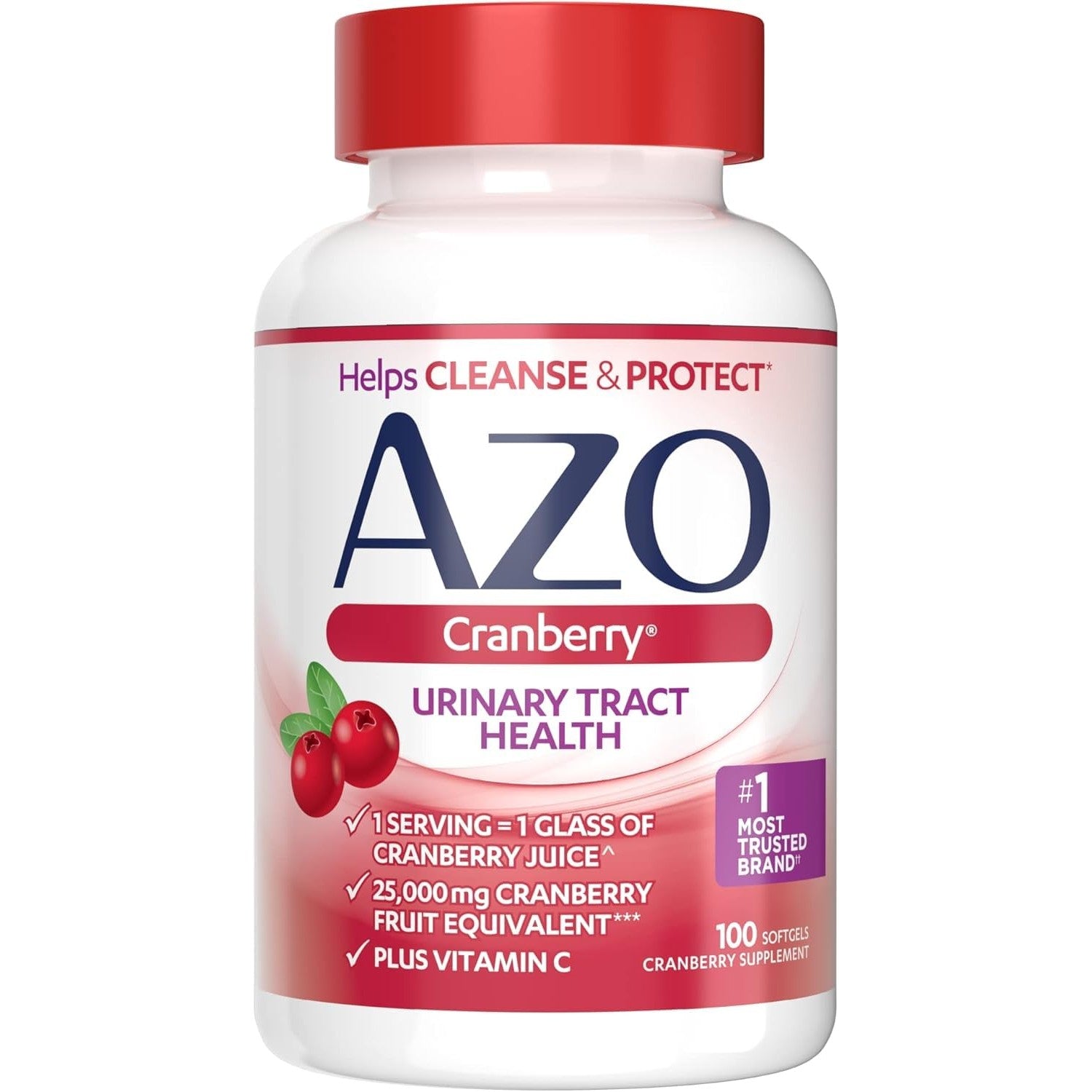 AZO Cranberry Supplement, Made with Concentrated Whole Fruit Cranberry Powder to Help Cleanse and Protect the Urinary Tract*, Sugar Free Cranberry Pills, Non-GMO, 100 Softgels
