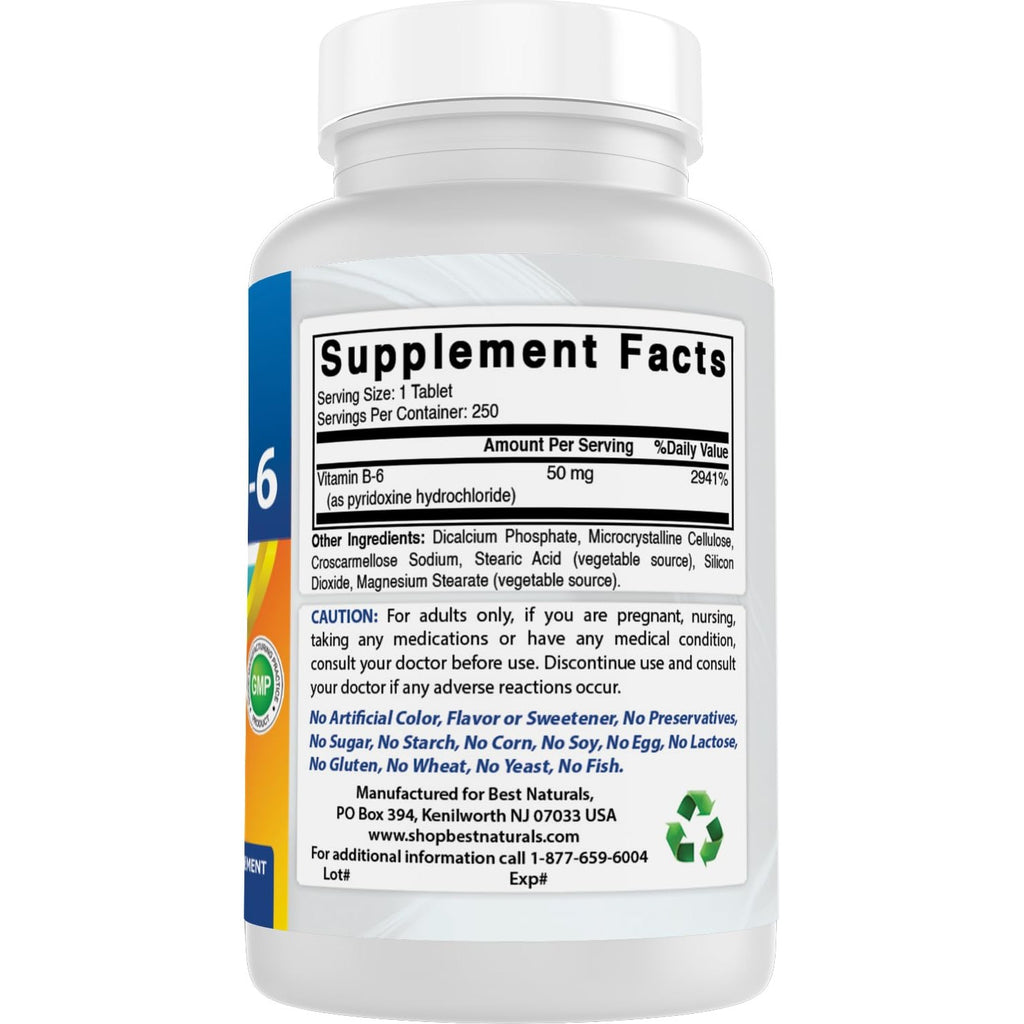 Best Naturals Vitamin B6 50 mg 250 Tablets