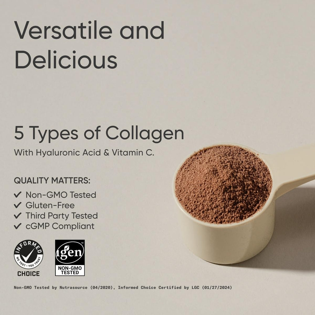 Sports Research® Multi Collagen Protein Powder, Chocolate - 30 Servings | 10g Grass-Fed Type I, II, III, V, X Collagen per Scoop w/Hyaluronic Acid & Vit. C | Hair, Skin & Joint Support | Easy to Mix