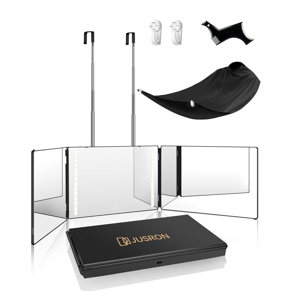 JUSRON 360 Viewing Angle Self Hair Cutting Mirror, Clear Anti-Fog HD Glass, USB Rechargeable, Easy to Use, Height Adjustable, Portable, Good Choice for Gifts | USB Rechargeable, Easy to Use, Height Adjustable, Portable, Good Choice for Gifts