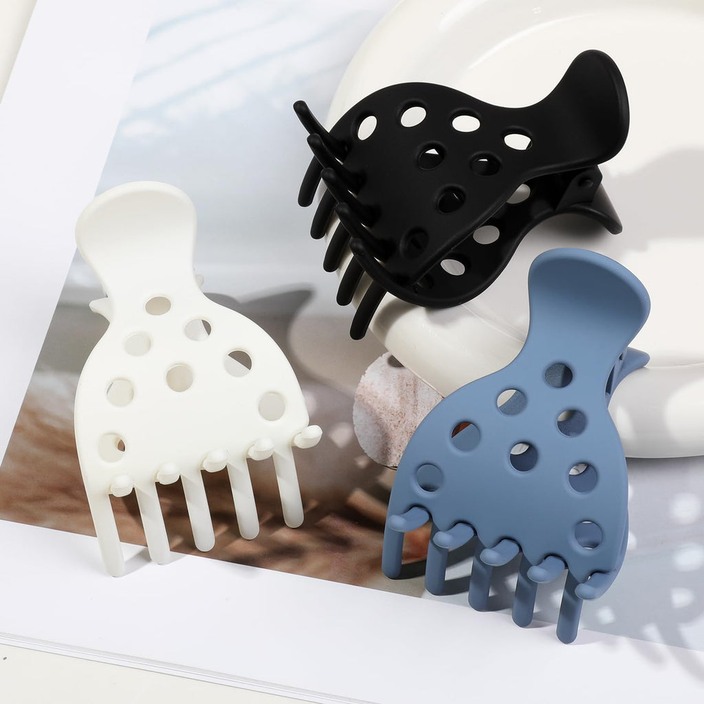 Set of 3 ergonomic hair volume clips in black, white, and blue. Durable design, perfect for adding volume to curly hair. Verified by CuratCart.