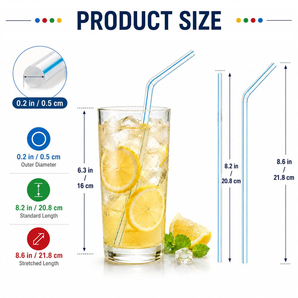 [600 Pack] 8" Flexible Plastic Straws, Bendable Disposable Drinking Straws