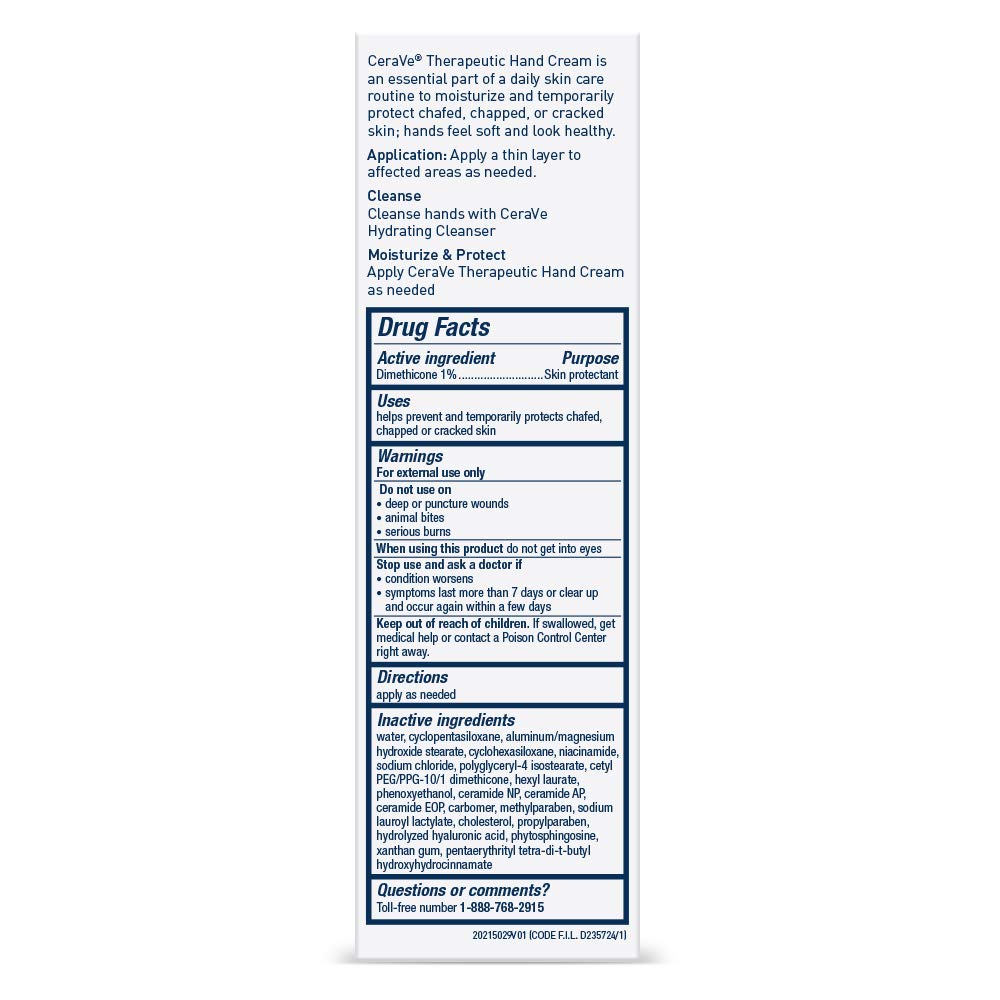 CeraVe Therapeutic Hand Cream, Hyaluronic Acid & Niacinamide Lotion, 3oz | Dermatologist-Tested Dimethicone Hand Lotion Protects Over-Worked Skin; Ideal Hand Cream For Dry Cracked Hands