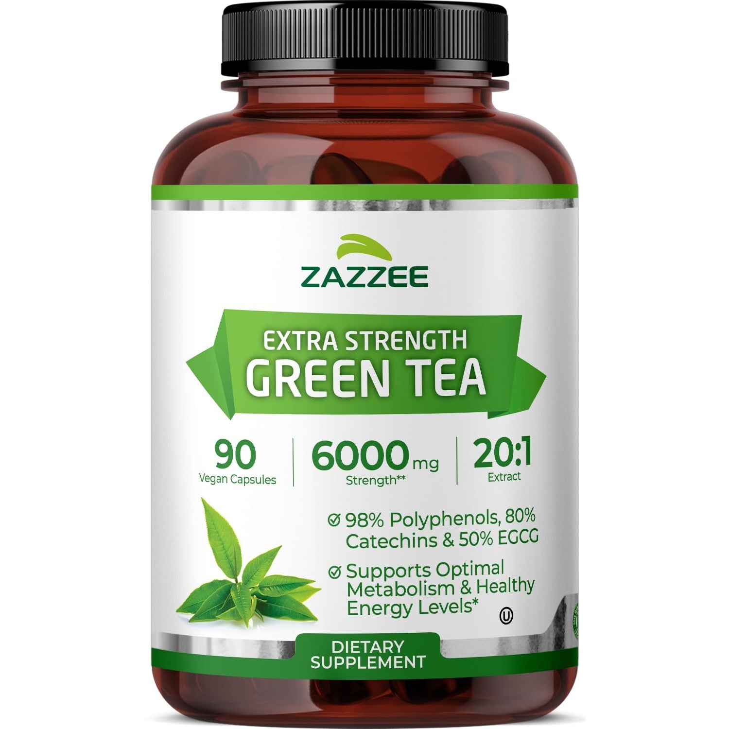Zazzee Extra Strength Green Tea 20:1 Extract, 50% EGCG, 150 Vegan Capsules | 98% Polyphenols, 80% Catechins, 5 Month Supply, Certified Kosher, Antioxidant & Metabolism Support, Non-GMO, Made in the USA