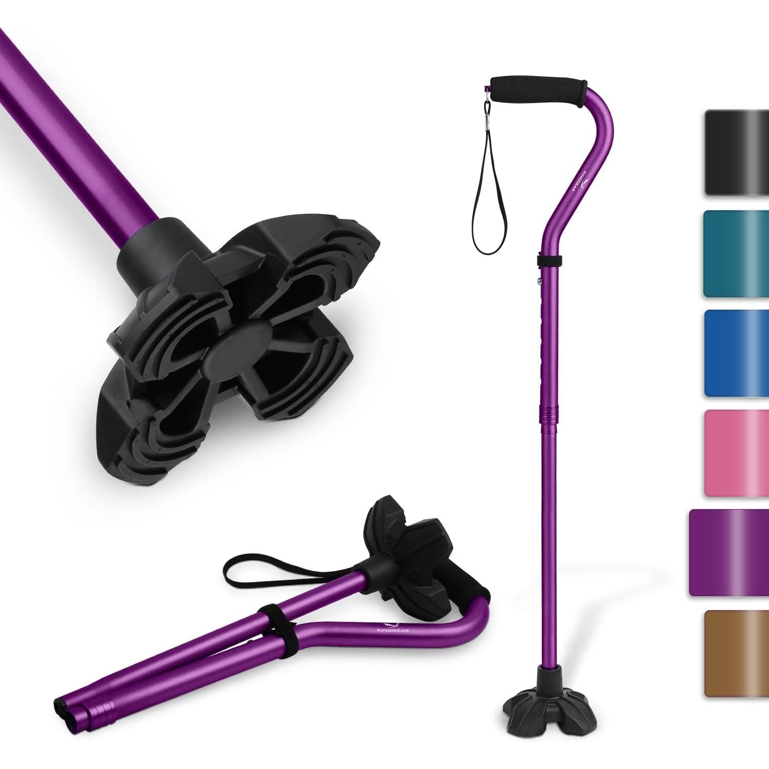 Buy now KINGGEAR F1 Walking Stick, Walking Cane for Women & Men, Self Standing Walkers for Seniors with Wrist Strap, Lightweight & Sturdy Offset EVA Handle and Large Quad Base Purple at indiglob india