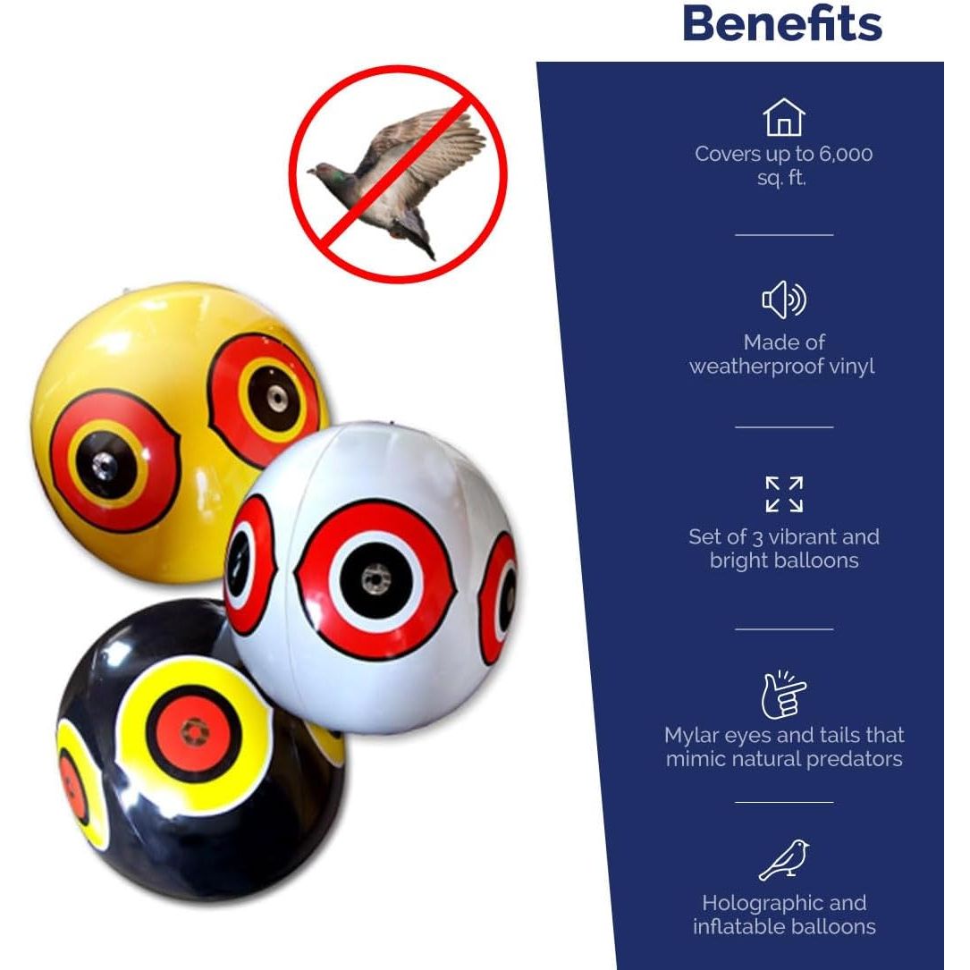 Buy now Bird-X Scare-Eye Balloons, Predator 3D Eye Balloons with Glaring, Bright Colors, Cover up to 6,000 sq. ft. Area, Pack of 3, Yellow, White, and Black at indiglob india