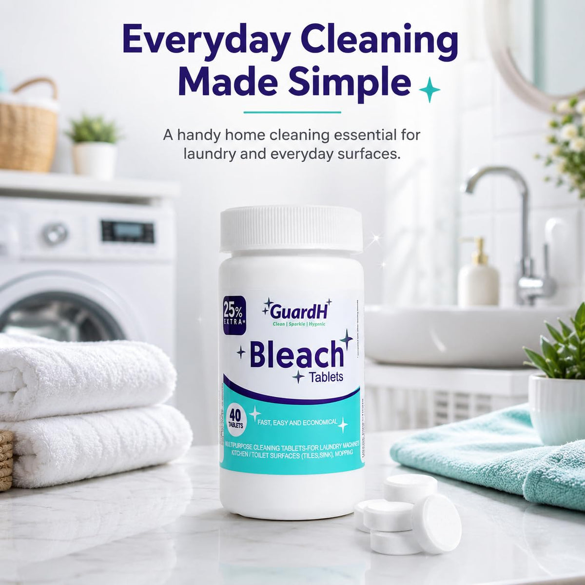 Bleach Tablets for Laundry & Household Cleaning – 40 Count Fast Dissolving Bleach Tabs for Washer, Toilet, Bathroom & Kitchen – Liquid Bleach Alternative – GuardH