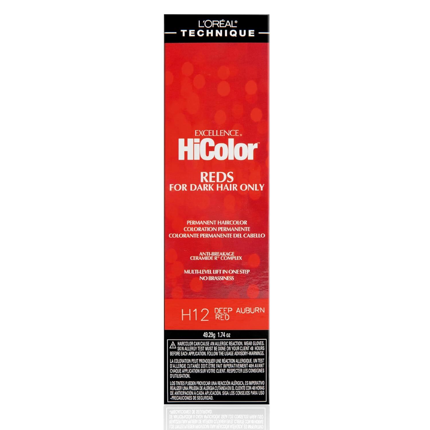 Buy now L'OrÃ©al Technique HiColor Reds Permanent Hair Color - Lifts Dark Hair in One Step Leaving No Brassiness, Rich & Smooth Creme Formula, Intense & Long-Lasting Color H12 Deep Auburn Red at indiglob india
