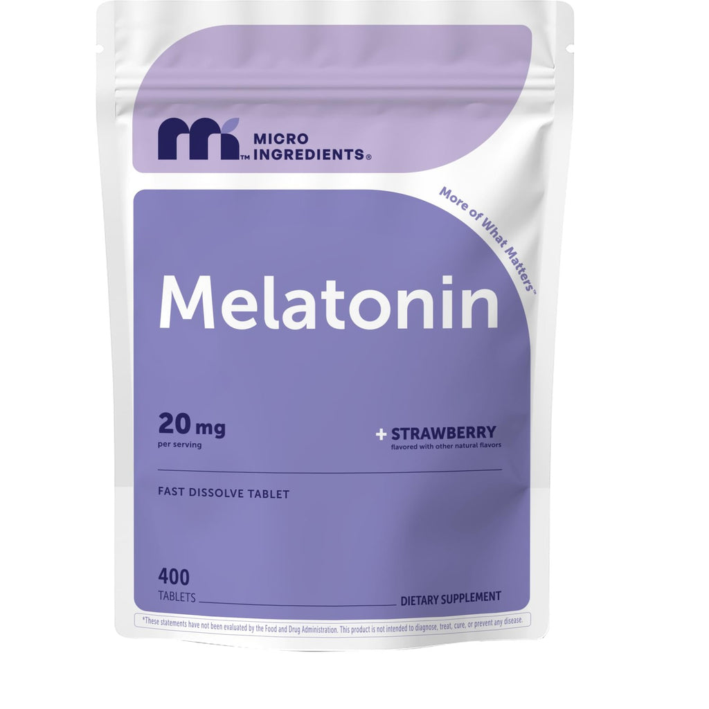 Micro Ingredients Melatonin 20mg, 400 Tablets | Strawberry Flavor | Fast Dissolve | 100% Drug Free | Vegetarian Friendly | Non-GMO, No Gluten, Sugar Free