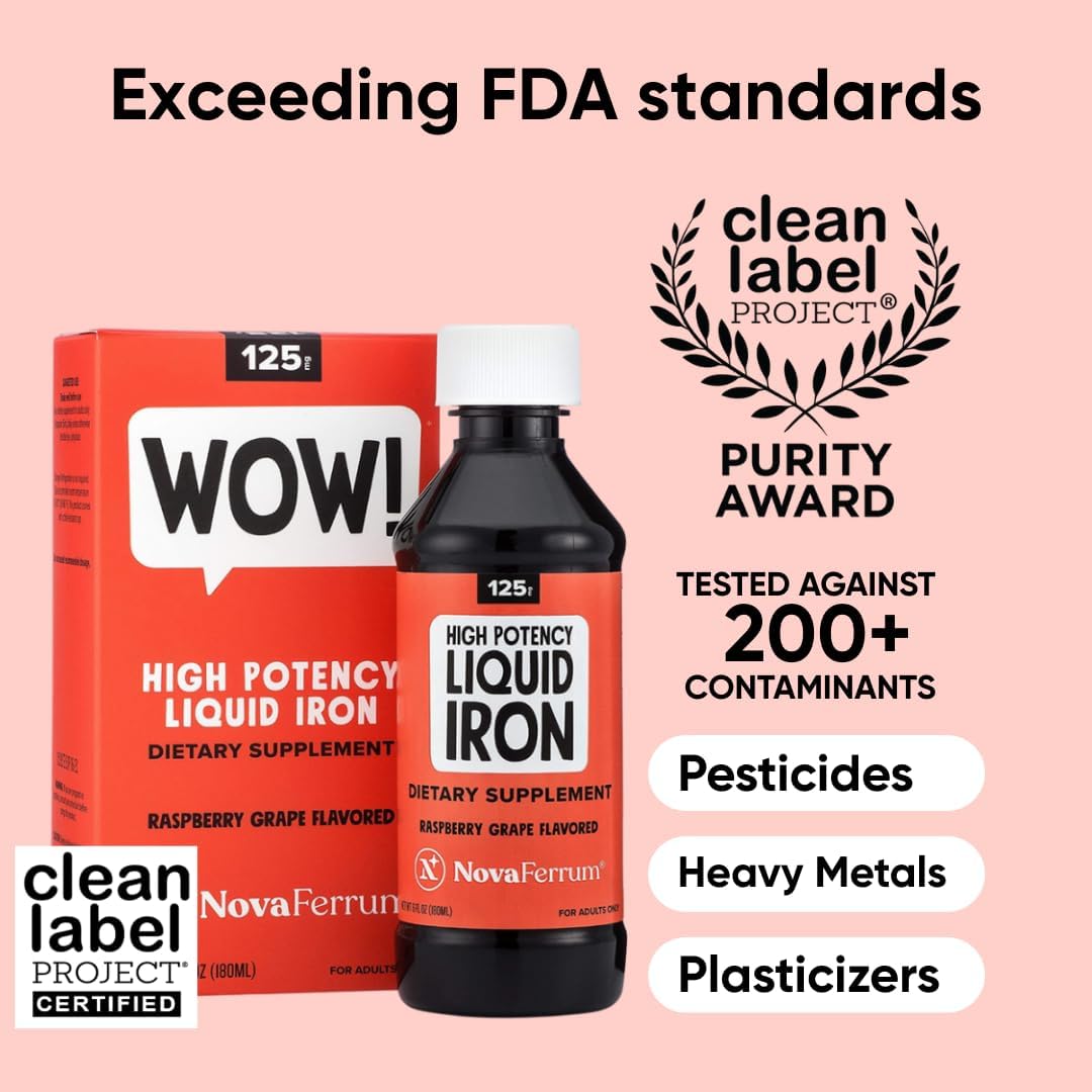 Buy now NovaFerrum Wow, 125 High Potency Liquid Iron Supplement for Adults, Iron Deficiency, 125mg of Iron Per 5mL Dose, Vegan Verified, Gluten Free Certified, Sugar Free at indiglob india