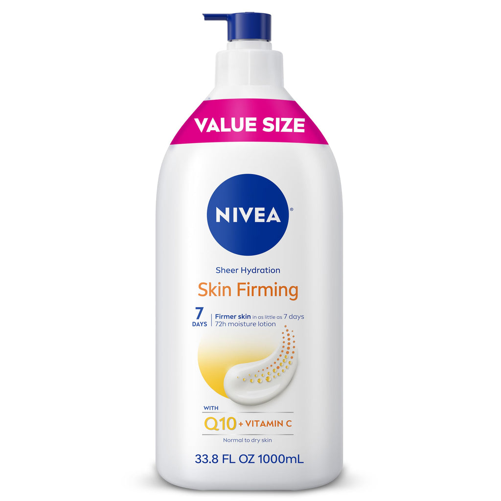 NIVEA Sheer Hydration Skin Firming Body Lotion, 33.8 FL OZ | Skin Firming Body Lotion with Q10 and Vitamin C, 72-Hour Moisturizing Lotion For Normal to Dry Skin, Paraben Free