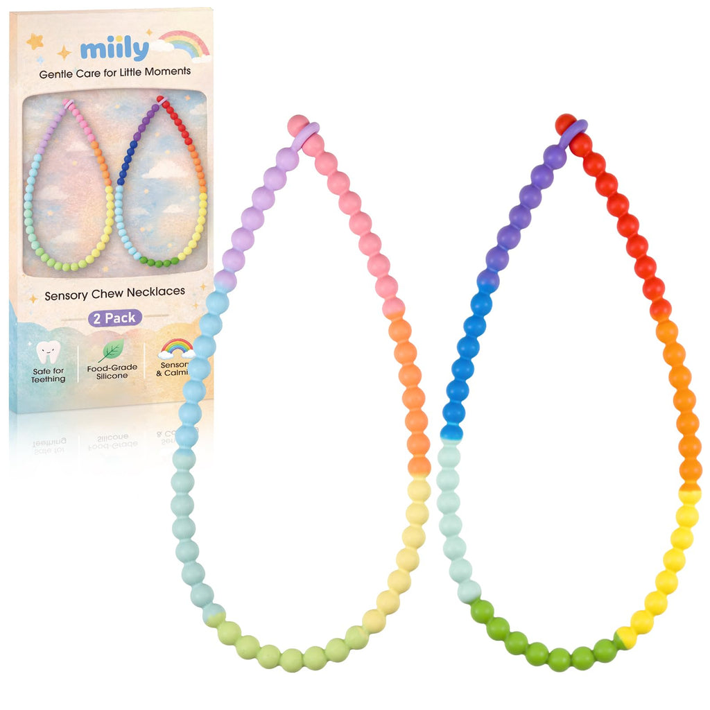 Chew Necklaces for Sensory Kids 2 Pack, One-Piece Silicone Sensory Chew Necklaces for Autism & ADHD, Chew Fidget Chewlry for Kids & Adults, Prevent Nail Biting Necklace for Toddler Boys & Girls