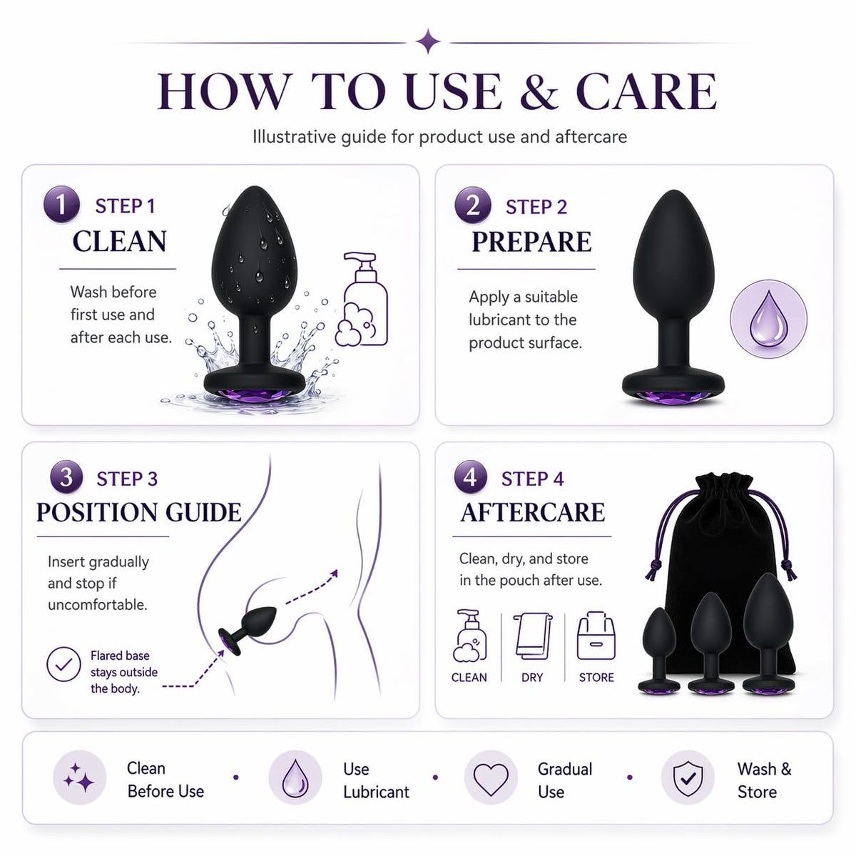 3PCS Silicone Jeweled Anal Butt Plug Training Set, Black