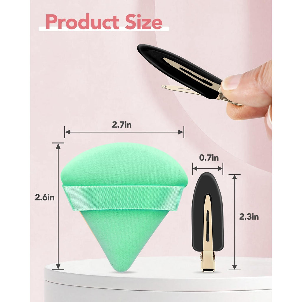 Amizo 6 Pcs Creaseless Hair Clips and 6 Pcs Triangle Powder Puffs for Women | Beauty Makeup Set，No Crease Design, No Bend,Loose Powder,Smooth Makeup Application and No-Dent Hair Styling