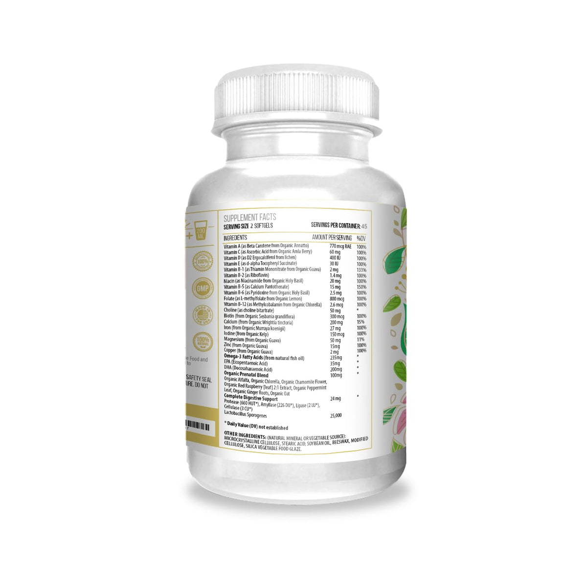 Actif Organic Prenatal Vitamin with 25+ Organic Vitamins, 100% Natural, DHA, EPA, Omega 3, and Organic Herbal Blend - Non-GMO, 90 Count
