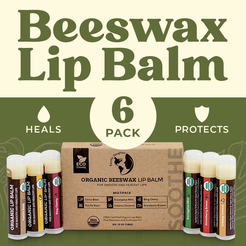Buy now Earth's Daughter USDA Organic Lip Balm 6-Pack - Fruit Flavors, Beeswax, Coconut Oil, Vitamin E - Best Lip Repair Chapstick for Dry Cracked Lips - Moisturizing Lip Care at indiglob india