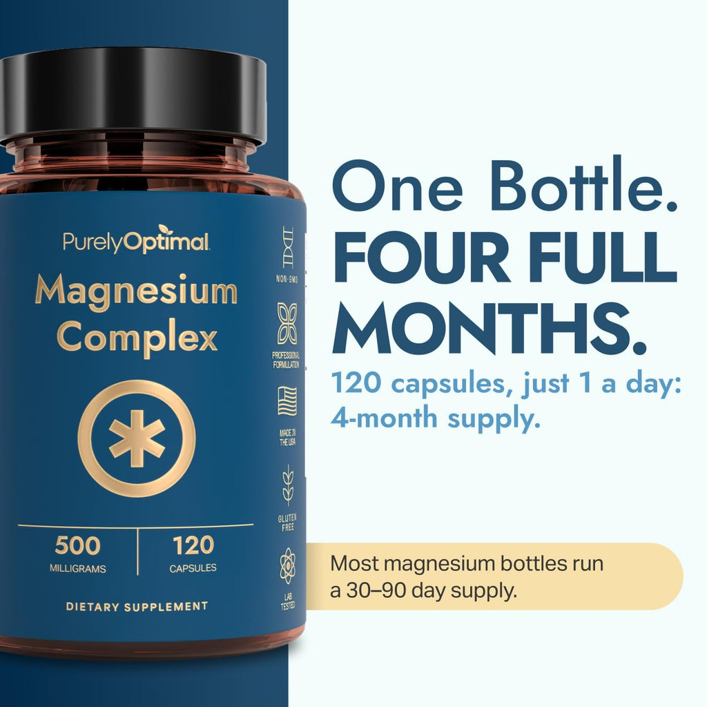 Purely Optimal Magnesium Complex - 6 Forms Magnesium Glycinate, Citrate & Malate - Sleep Support, Stress Relief, Muscles, Heart Health & Relaxation - Magnesium Supplement for Women & Men, 120 Caps