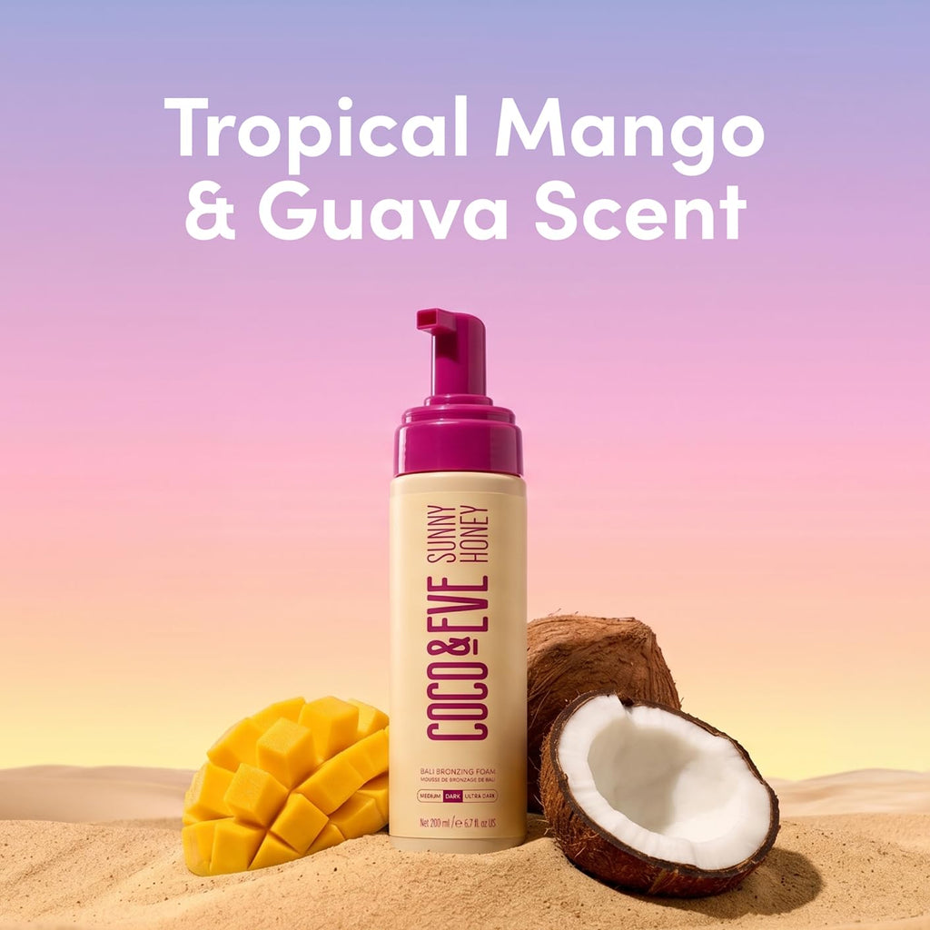 Coco & Eve Sunny Honey Bronzing Self Tanner Mousse - Dark, 6.7 fl oz | Sunless Self Tan for Body & Face, Bali Bronzing Tanning Foam, Natural Looking Glow for Women & Men, Bronzes Skin, Streak Free