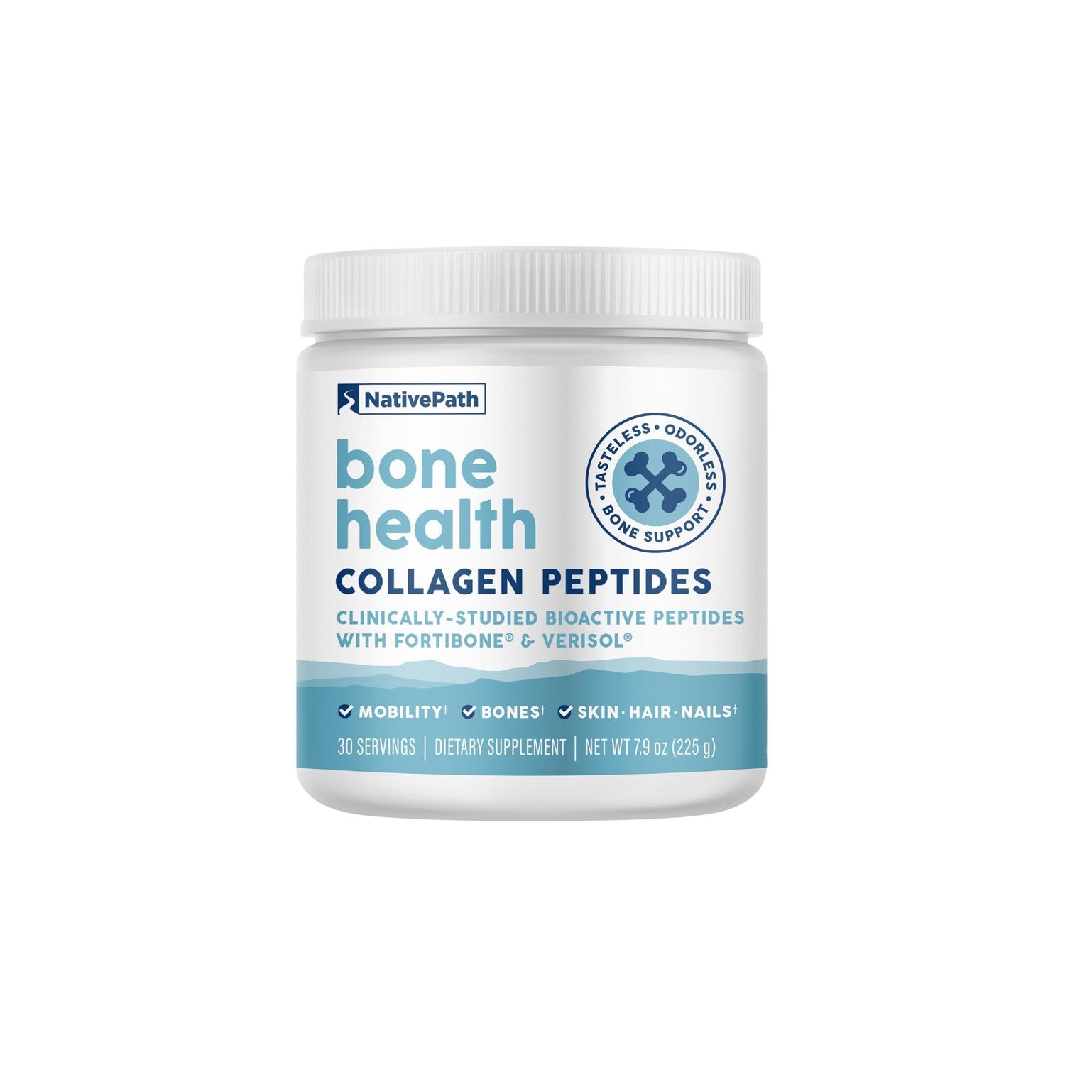 NativePath Bone Health Collagen Peptides, Type 1 & 3, with Fortibone and Verisol, 7.9 Ounce, 30 Servings | Verisol Bioactive Peptides, Supports Density, Strength, Elasticity, Hair & Skin, Unflavored, Type 1 & 3