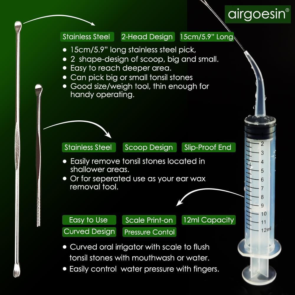 Buy now Airgoesinâ„¢ Upgraded Tonsil Stone Remover Tool, Blue, 5 Tips, Tonsillolith Pick Case + 1 Irrigator Fresh Breath Oral Rinse at indiglob india