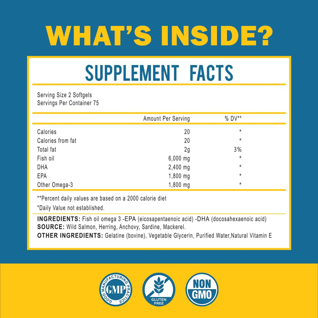 Omega 3 Fish Oil with Maximum EPA DHA - Supports Brain, Liver, Heart & Immunity - Made in The USA - 150 Softgels