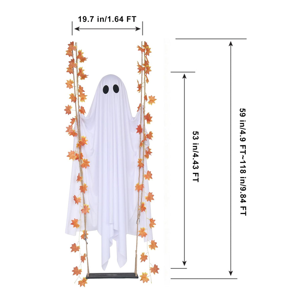 4.4 FT Swinging Ghost Halloween Decor - Outdoor Indoor Halloween Decorations with Ghost on A Swing for Outside Garden Yard Porch Tree, Hanging Large Spooky Cute Ghosts with String Lights for Party
