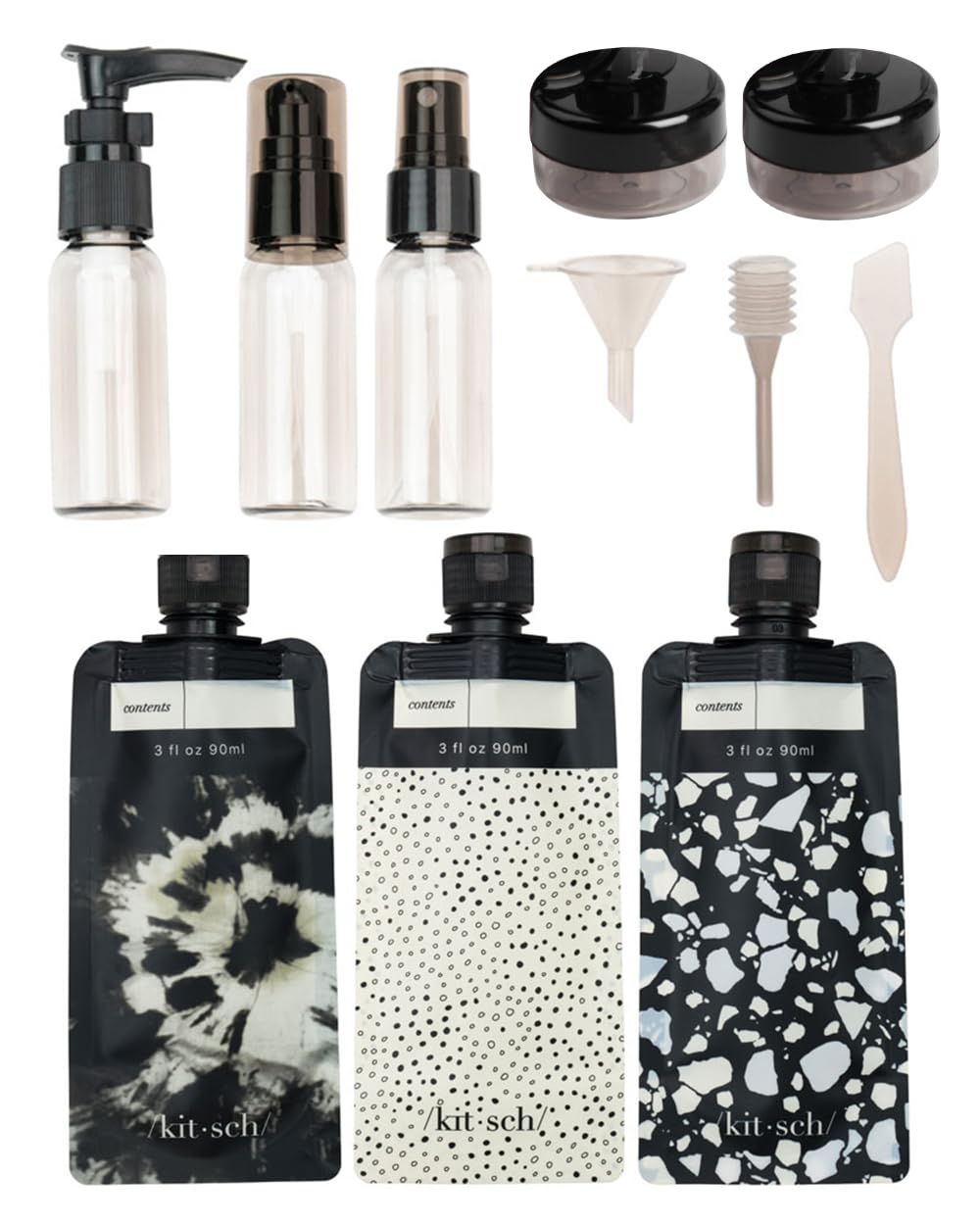 Buy now Kitsch 11 PCS Travel Bottles for Toiletries â€“ Travel Essentials Kit for Shampoo, Conditioner, Lotion & More - TSA Approved Travel Bottles, Leak-Proof Refillable Travel Size Containers - Black & Ivory at indiglob india