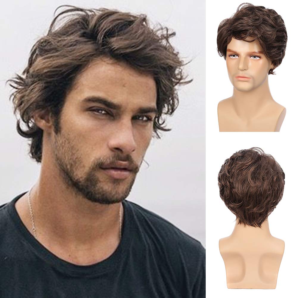 Buy now Kaneles Mens Short Curly Black Wig with Bang Costume Halloween Cosplay Party Natural Hair Wig Brown colour at indiglob india
