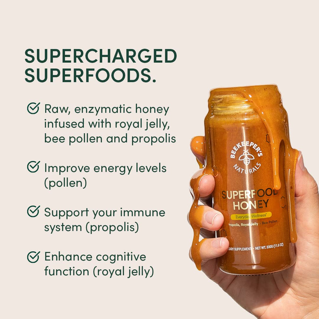 Beekeeper's Naturals Superfood Honey w/ Royal Jelly, Bee Pollen, 11.6 oz | Bee Pollen, Royal Jelly, Propolis, Natural Energy & Immune Support