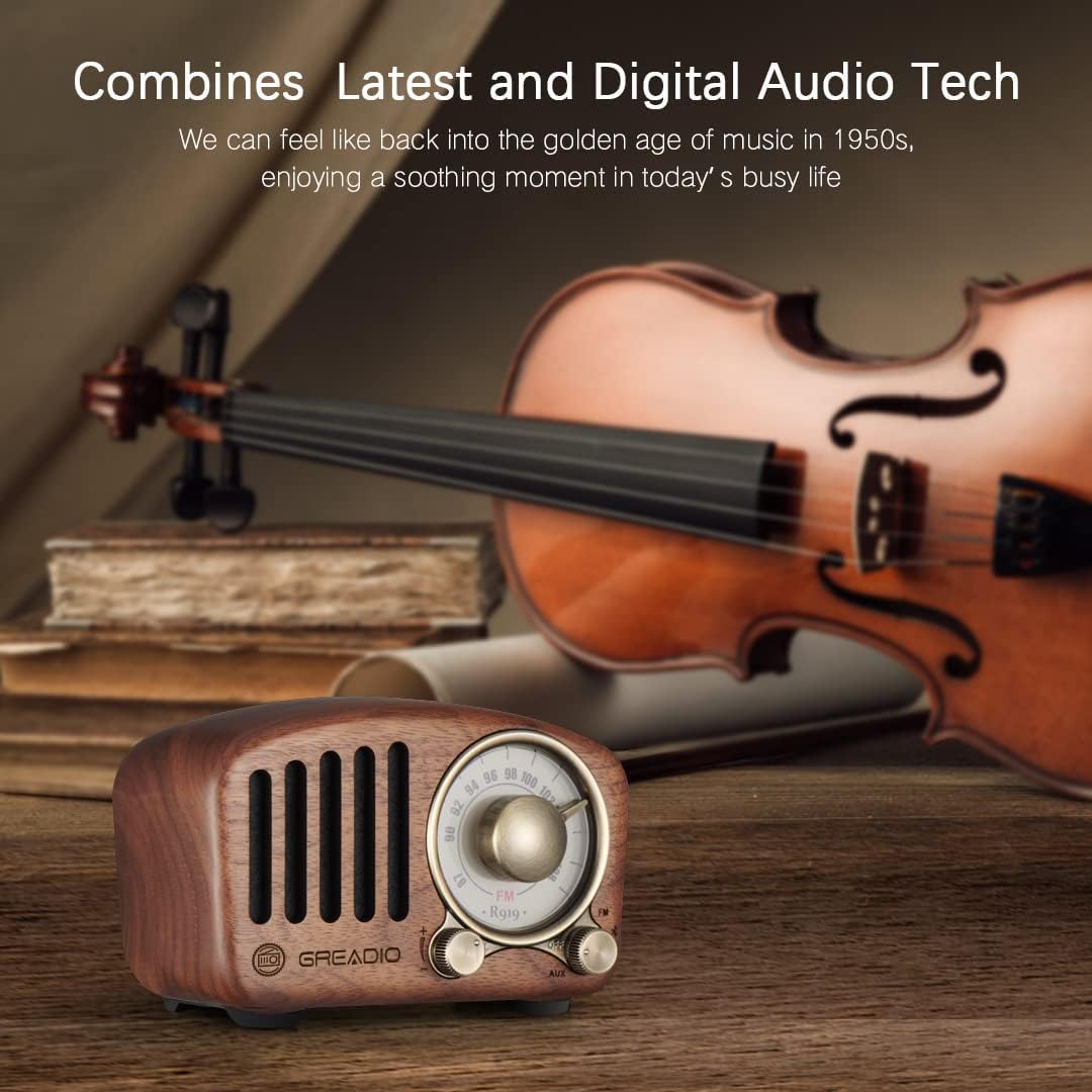 Buy now Vintage Greadio Walnut Wood Bluetooth Speaker Radio - Retro Style, Bass Enhancement, Loud Volume, Bluetooth 5.0, MP3 & FM Radio at indiglob india
