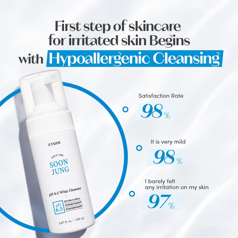 ETUDE SoonJung pH 6.5 Whip Face Cleanser for Sensitive Skin, 5.07 fl oz | Vegan, non-comedogenic face cleanser creates mild microfoam to cleanse sensitive skin without stripping moisture.