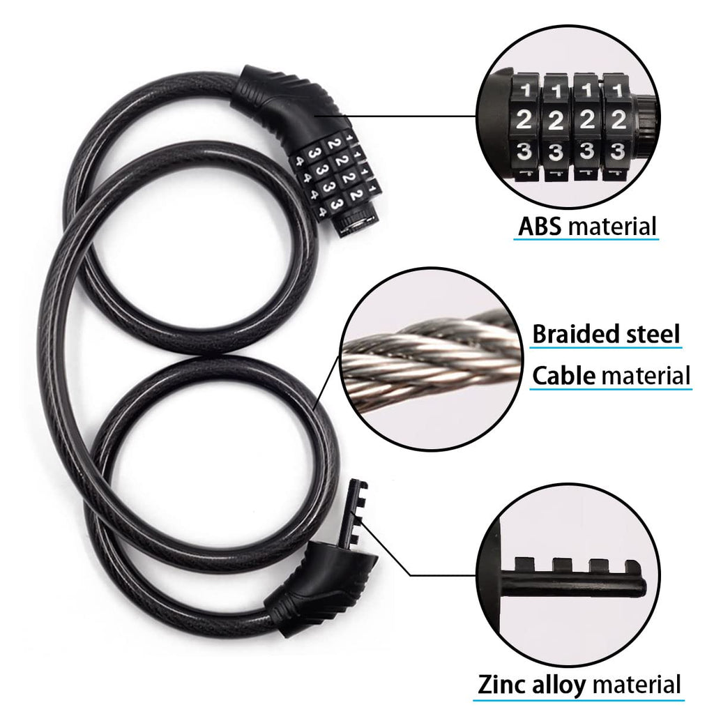 Revelook 4 Digit 3 Feet Long Bike Lock Cable Combination, Resettable Anti Theft Bicycle Lock for Electric Scooter