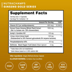 NutraChamps Korean Red Panax Ginseng Capsules with Ginkgo Biloba Extra Strength 20% Ginsenosides for Energy, Focus, Vitality & Immune Support Ginseng Root Extract Supplement for Men (90, Premium Gold)